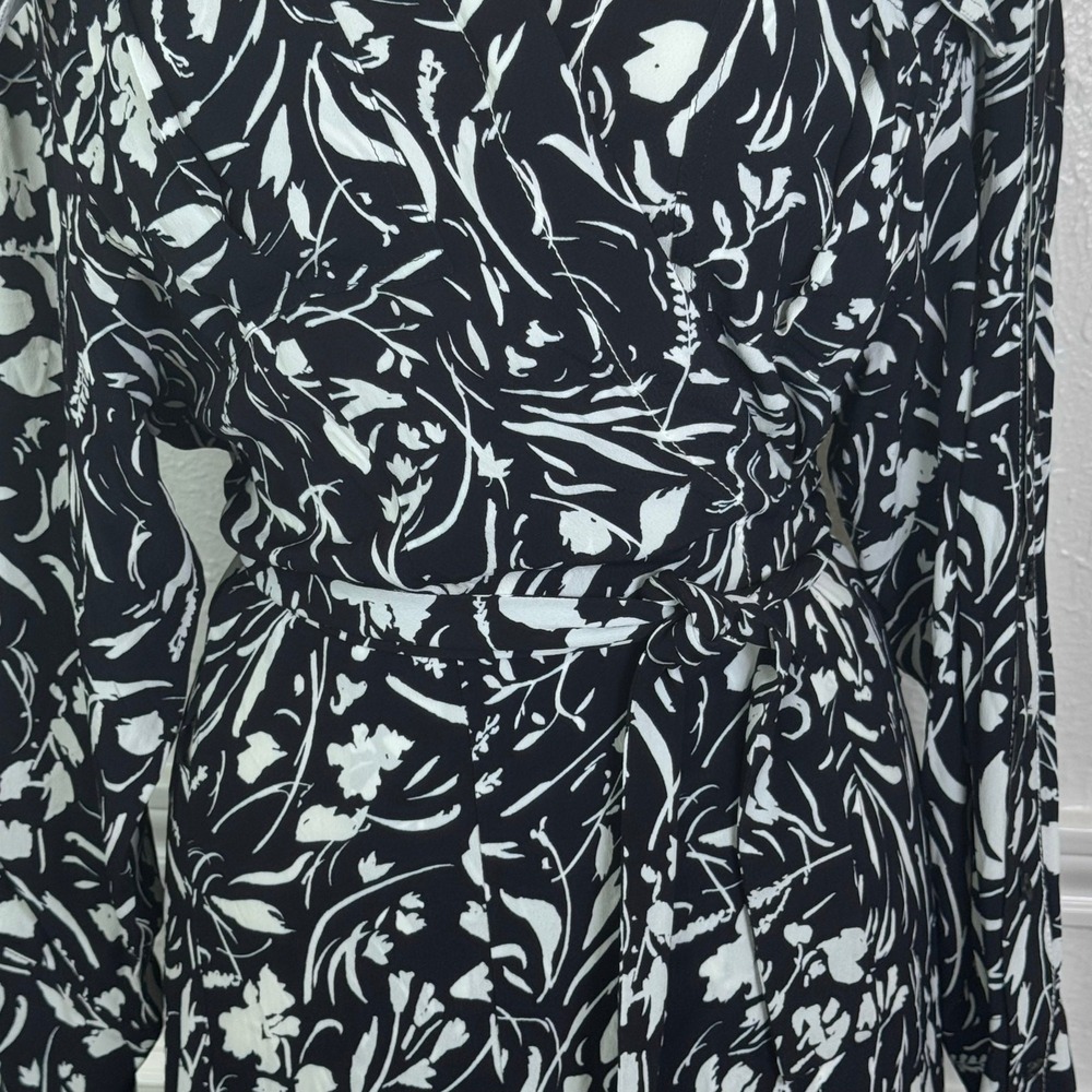 New Proenza Schouler Crepe De Chine Black White Floral Wrap Midi Dress Sz 6 - Picture 14 of 16